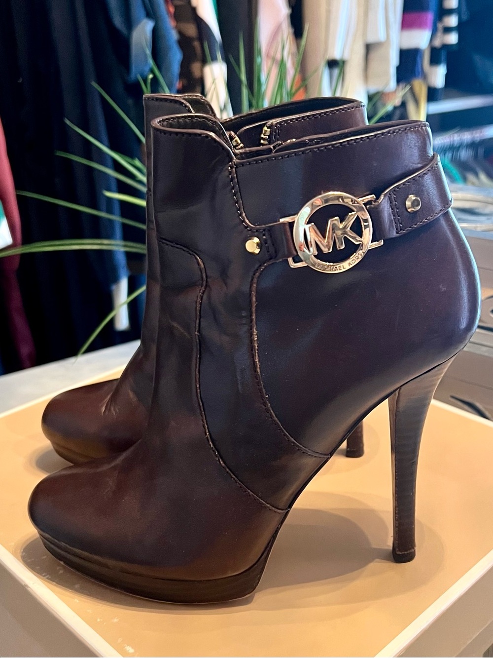 Michael Kors Brown Leather High-Heel Ankle Boots with MK Accent